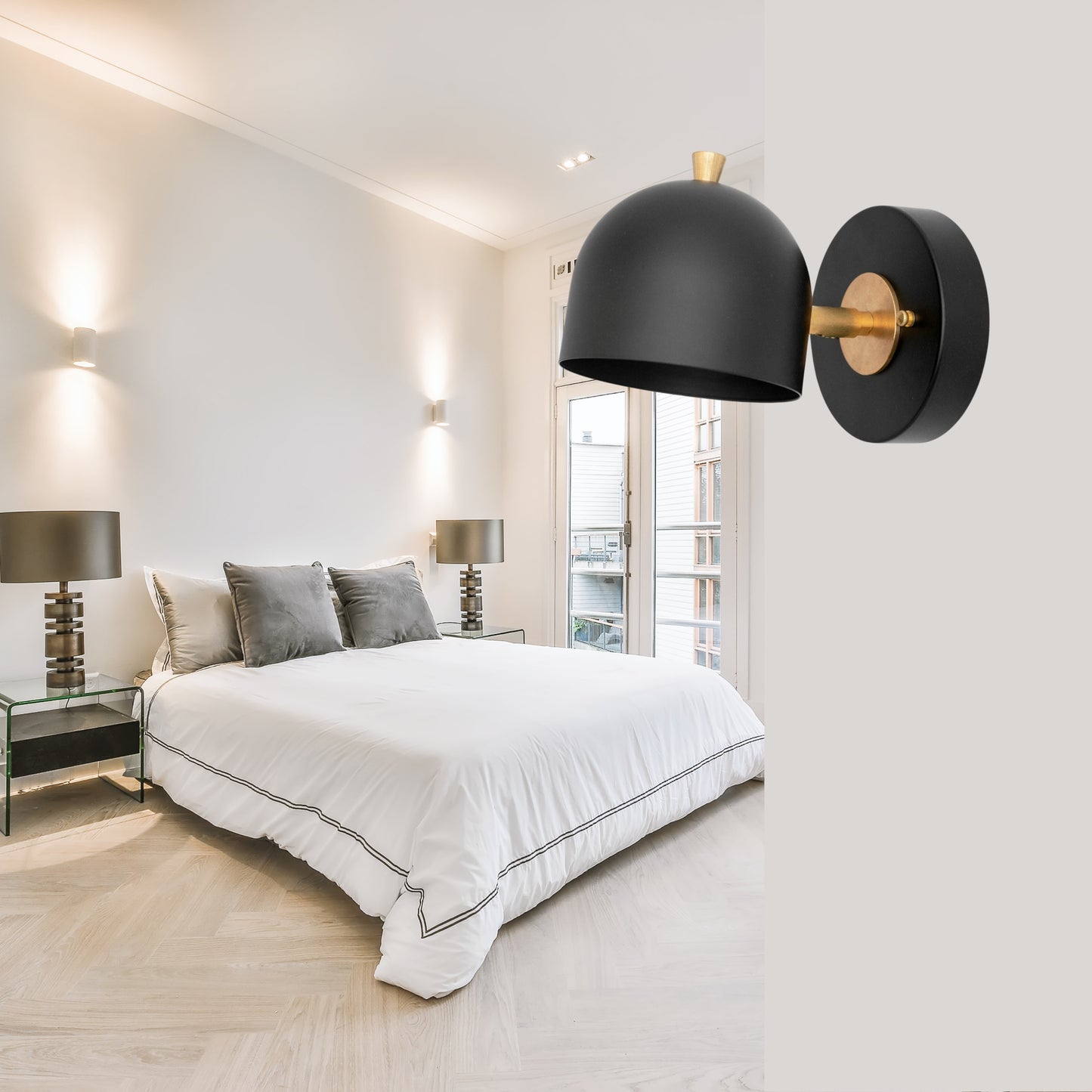 Modern Brass Wall Sconce – Mid Century Wall Light with Black Dome Shade