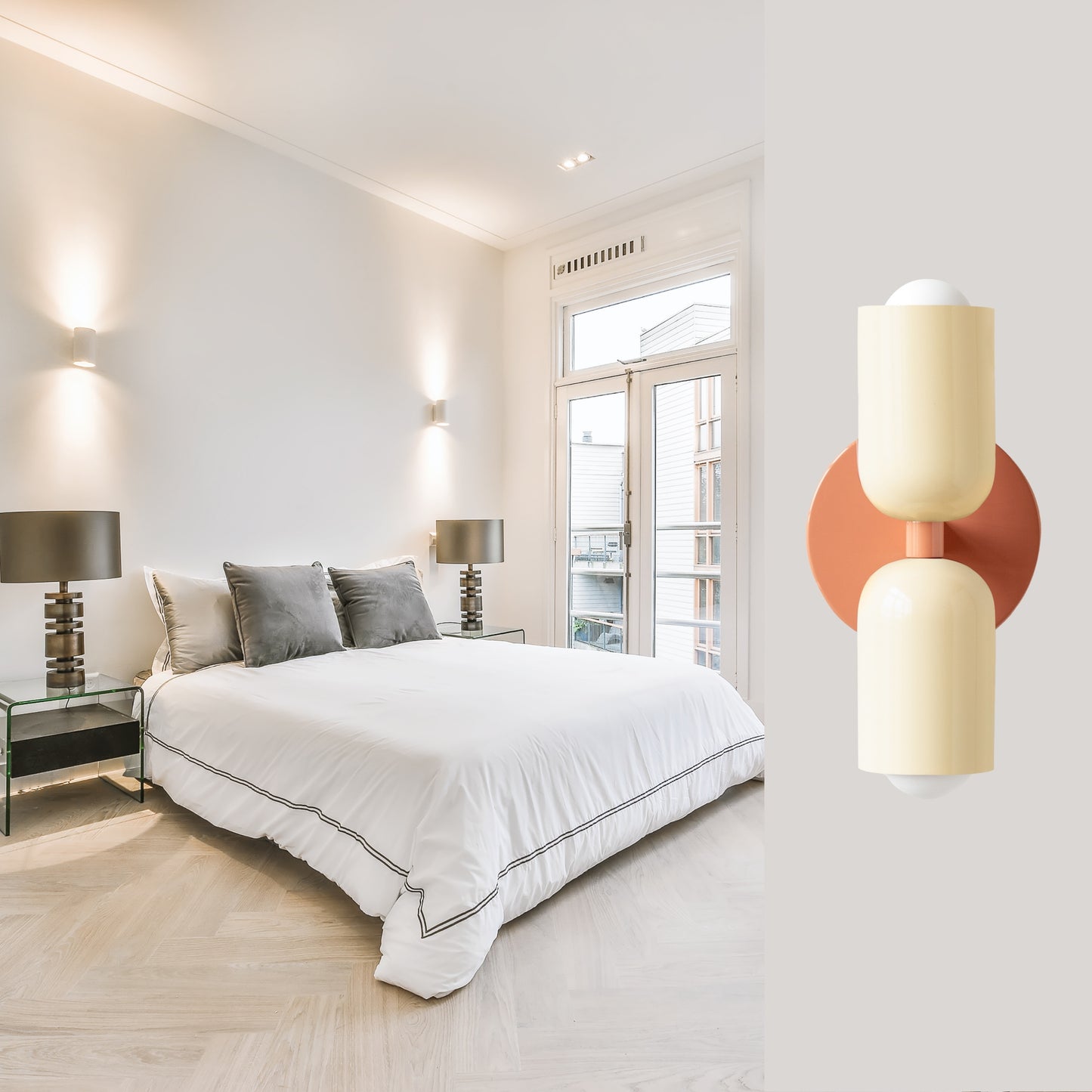 Cream & Peach Up & Down Brass Wall Sconce – Mid-Century Modern Light Fixture