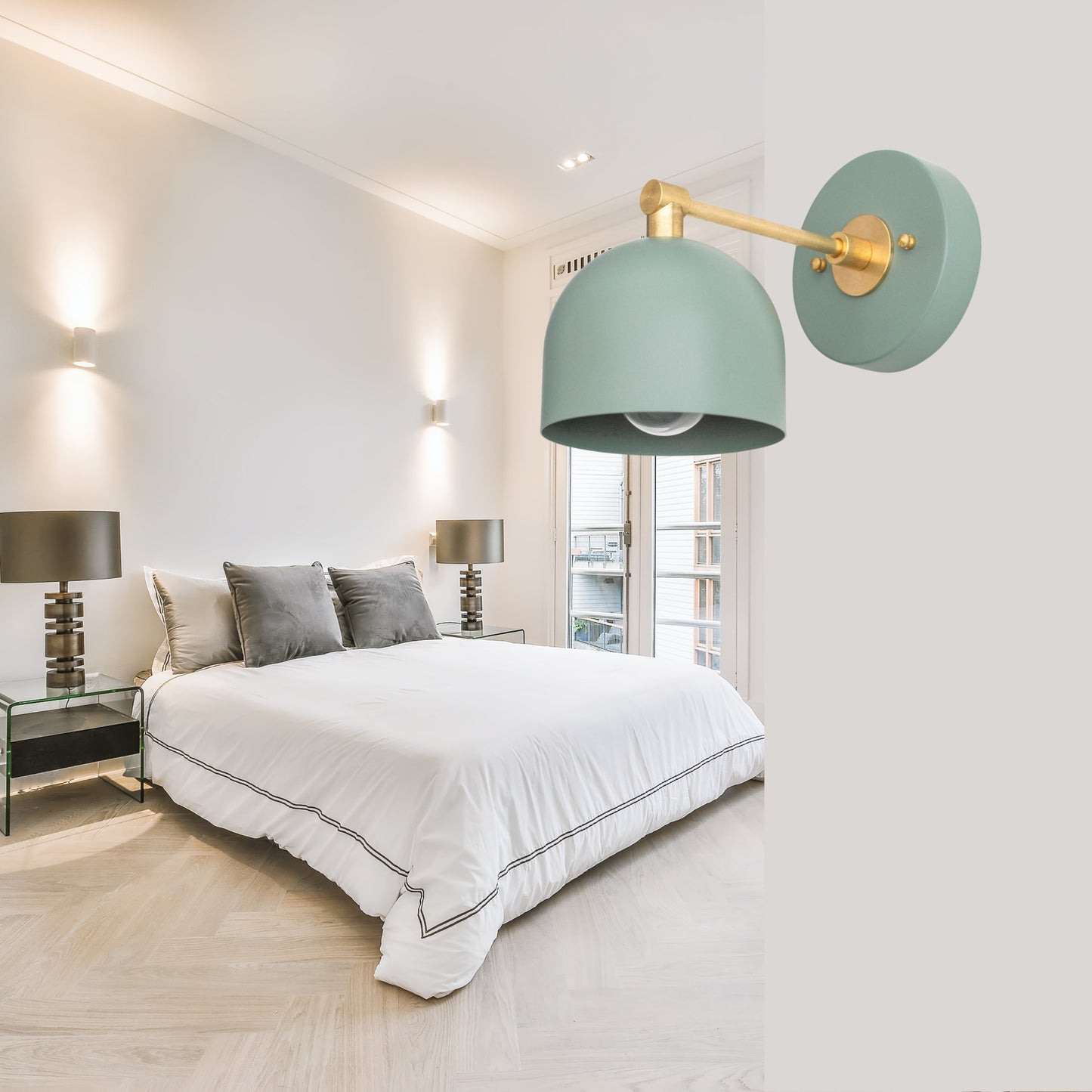 Modern Brass Wall Sconce – Mid Century Wall Light with Sea Green Dome Shade