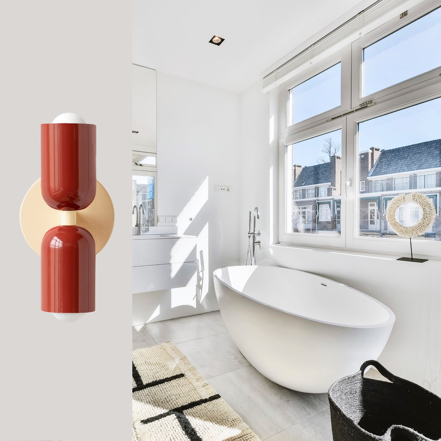 Red & Cream Up & Down Brass Wall Sconce – Mid-Century Modern Light Fixture