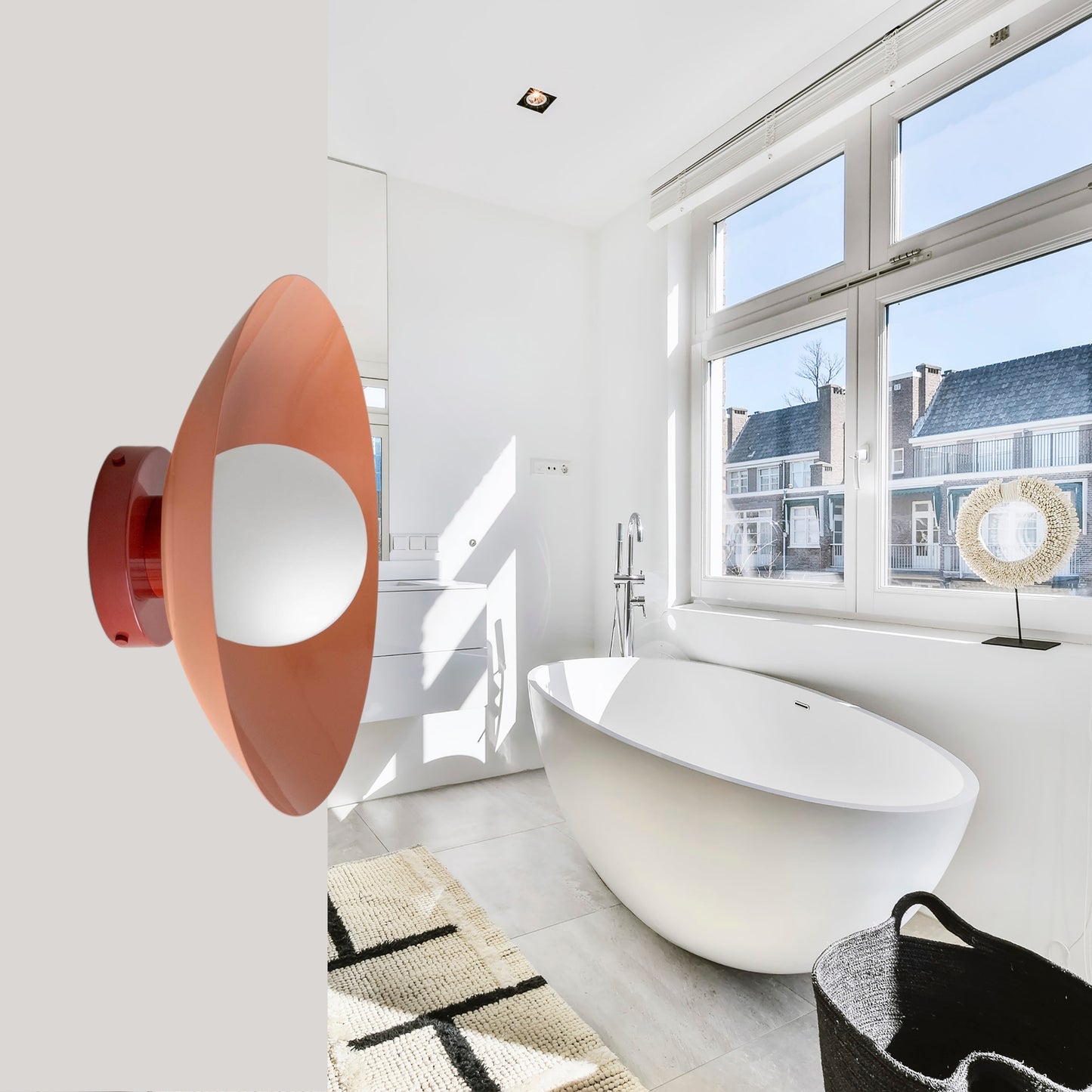 Peach & Red Dome Brass Wall Sconce – Mid-Century Modern Vintage Light