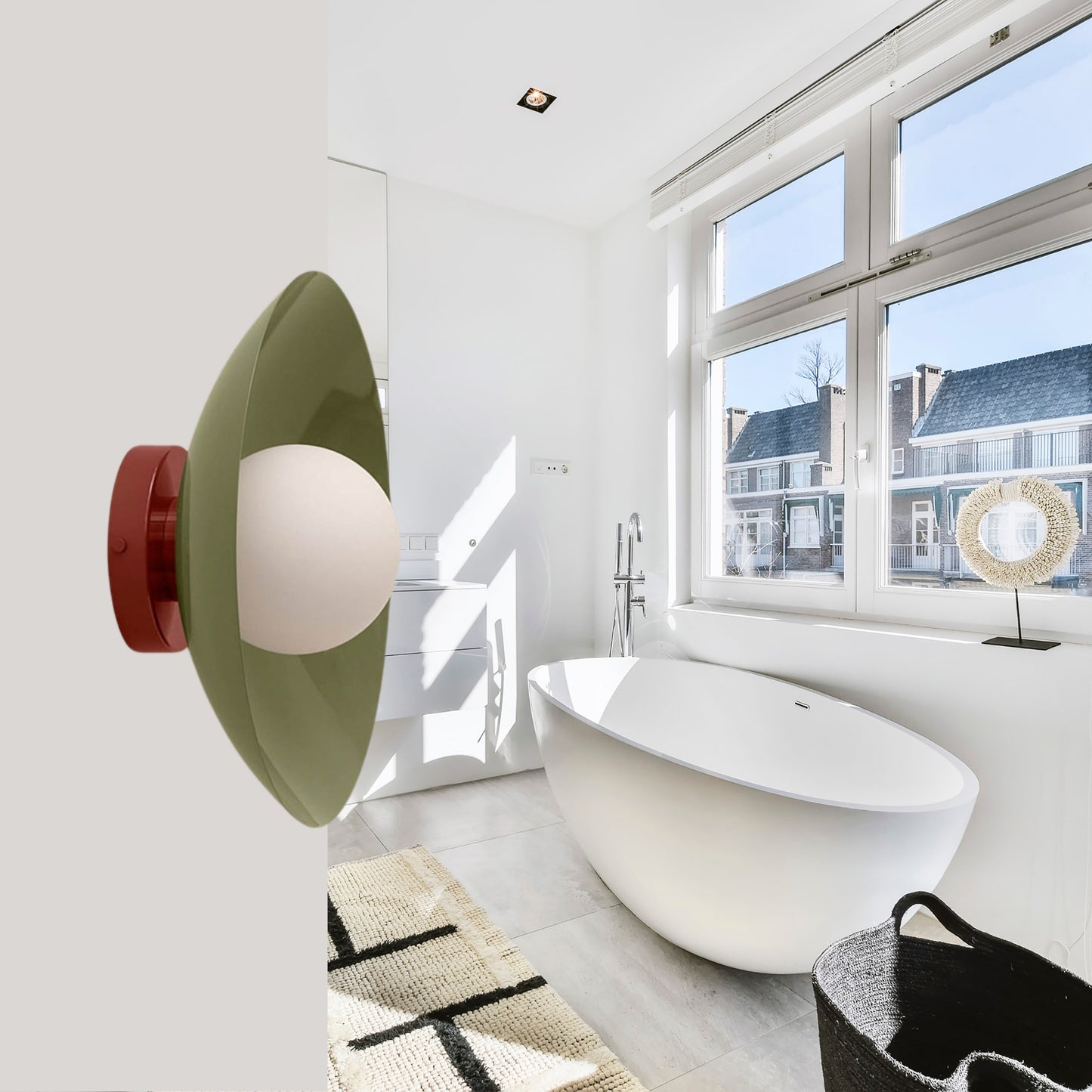 Olive Green & Red Dome Brass Wall Sconce – Mid-Century Modern Vintage Light
