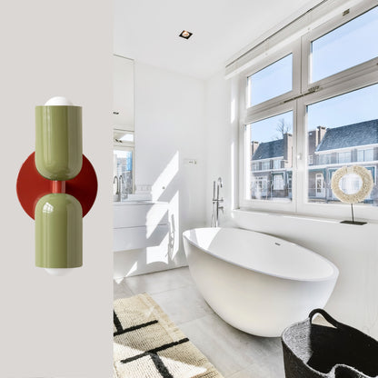Olive Green & Red Up & Down Brass Wall Sconce – Mid-Century Modern Light Fixture