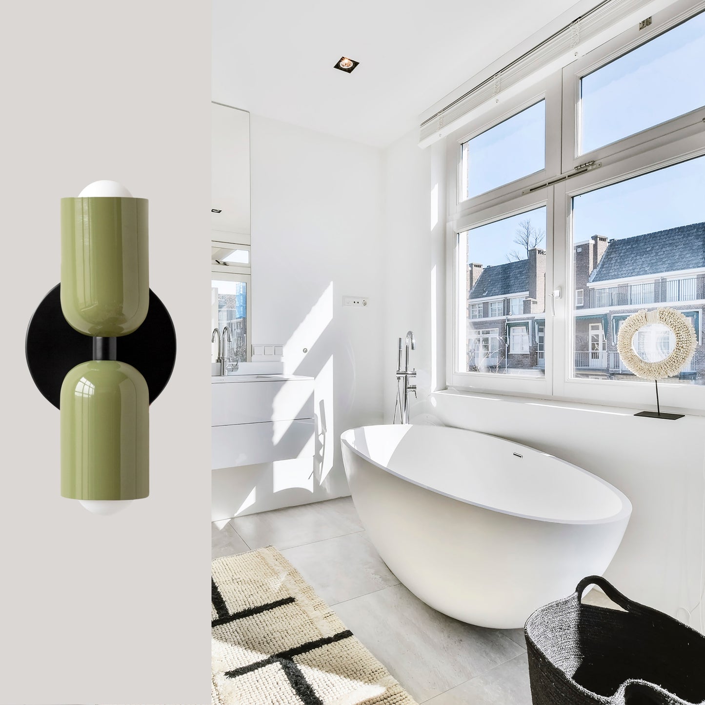 Olive Green & Black Up & Down Brass Wall Sconce – Mid-Century Modern Light Fixture