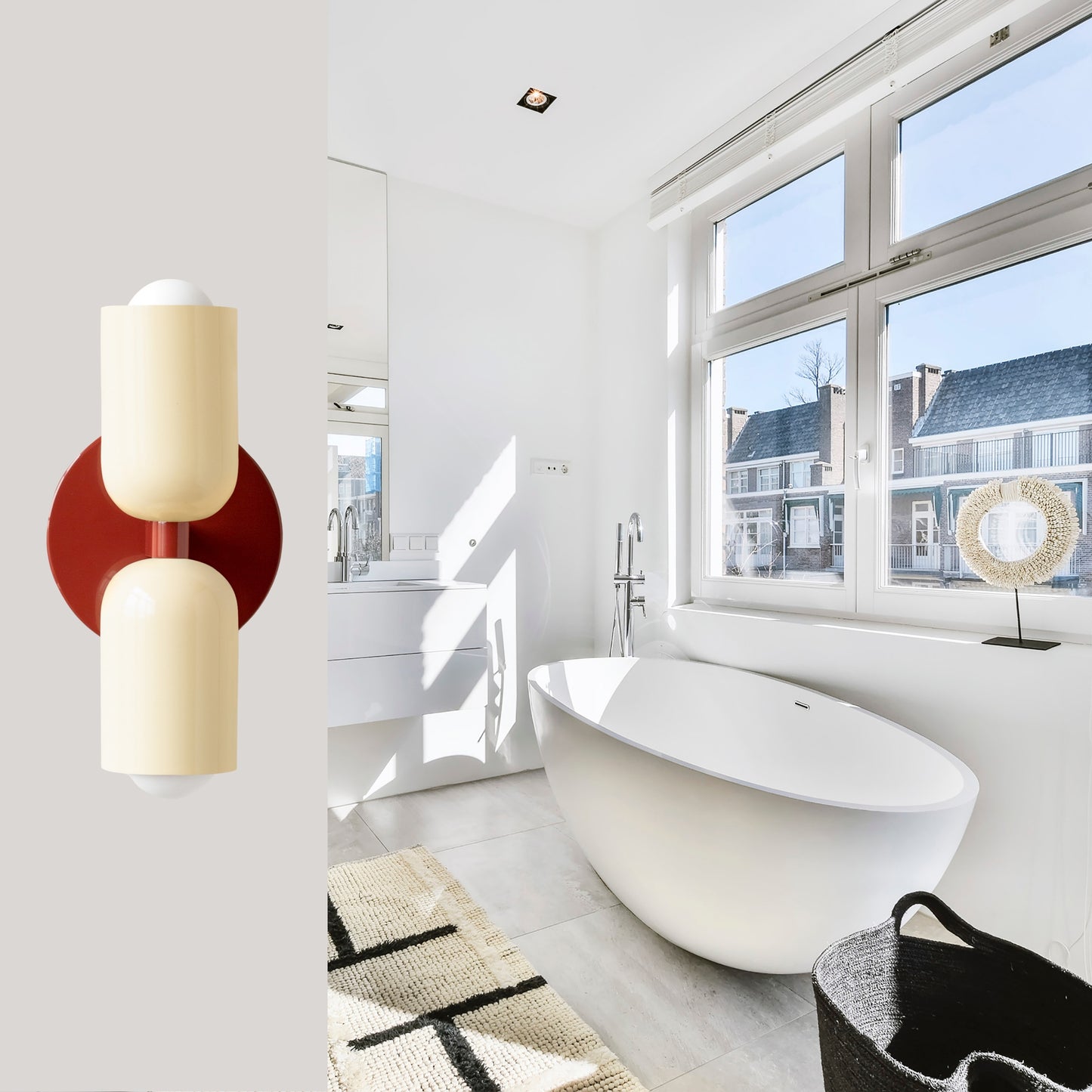 Cream & Red Up & Down Brass Wall Sconce – Mid-Century Modern Light Fixture