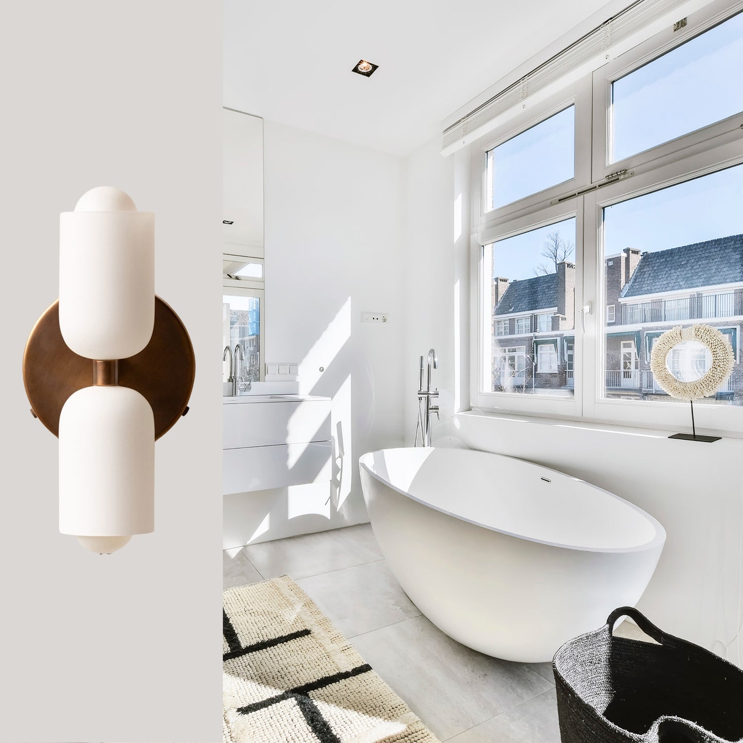 White & Antique Up & Down Brass Wall Sconce – Mid-Century Modern Light Fixture