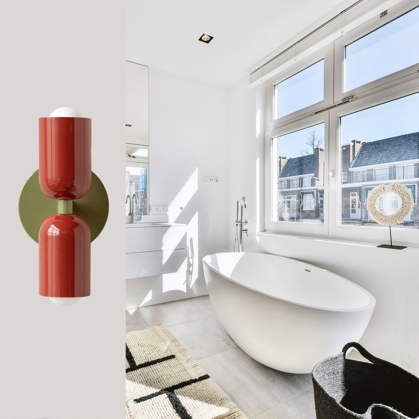 Red & Olive Green Up & Down Brass Wall Sconce – Mid-Century Modern Light Fixture