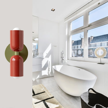 Red & Olive Green Up & Down Brass Wall Sconce – Mid-Century Modern Light Fixture