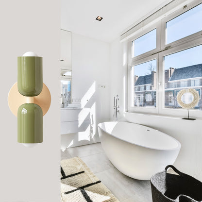 Olive Green & Cream Up & Down Brass Wall Sconce – Mid-Century Modern Light Fixture