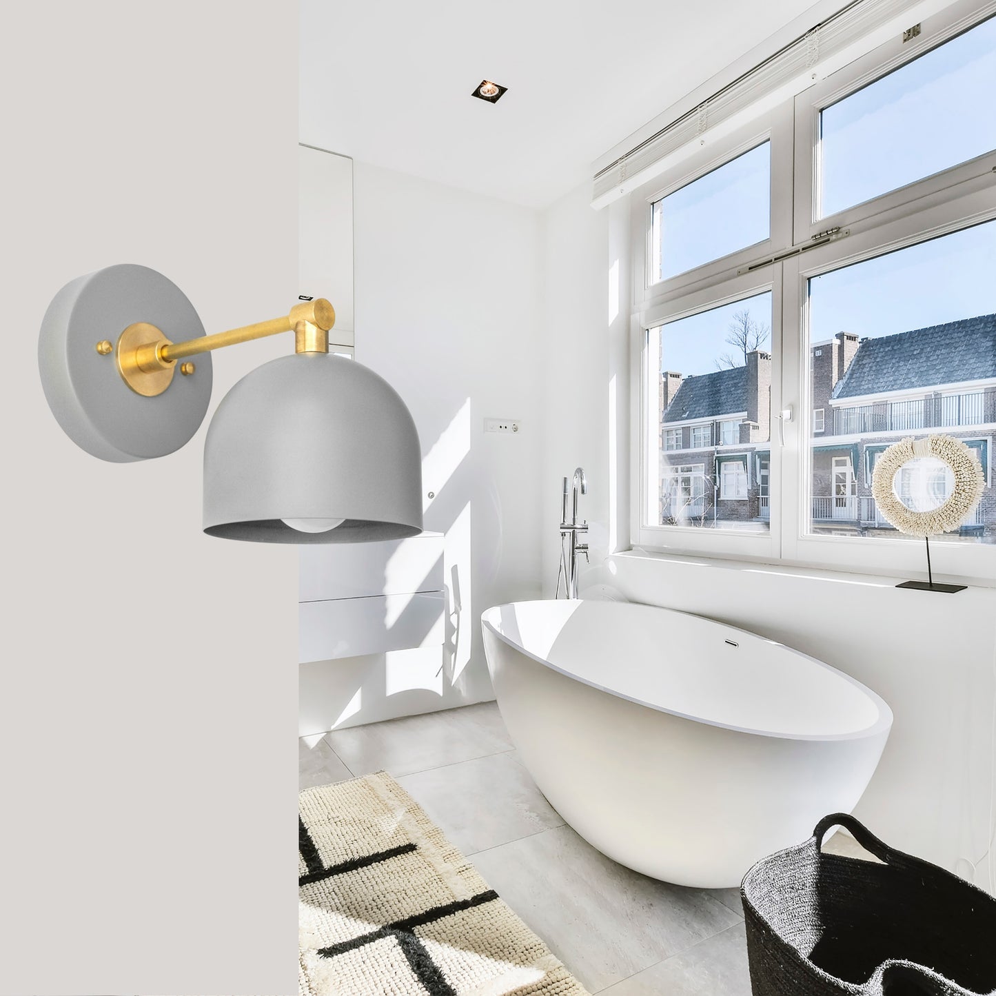 Modern Brass Wall Sconce – Mid Century Wall Light with Gray Dome Shade