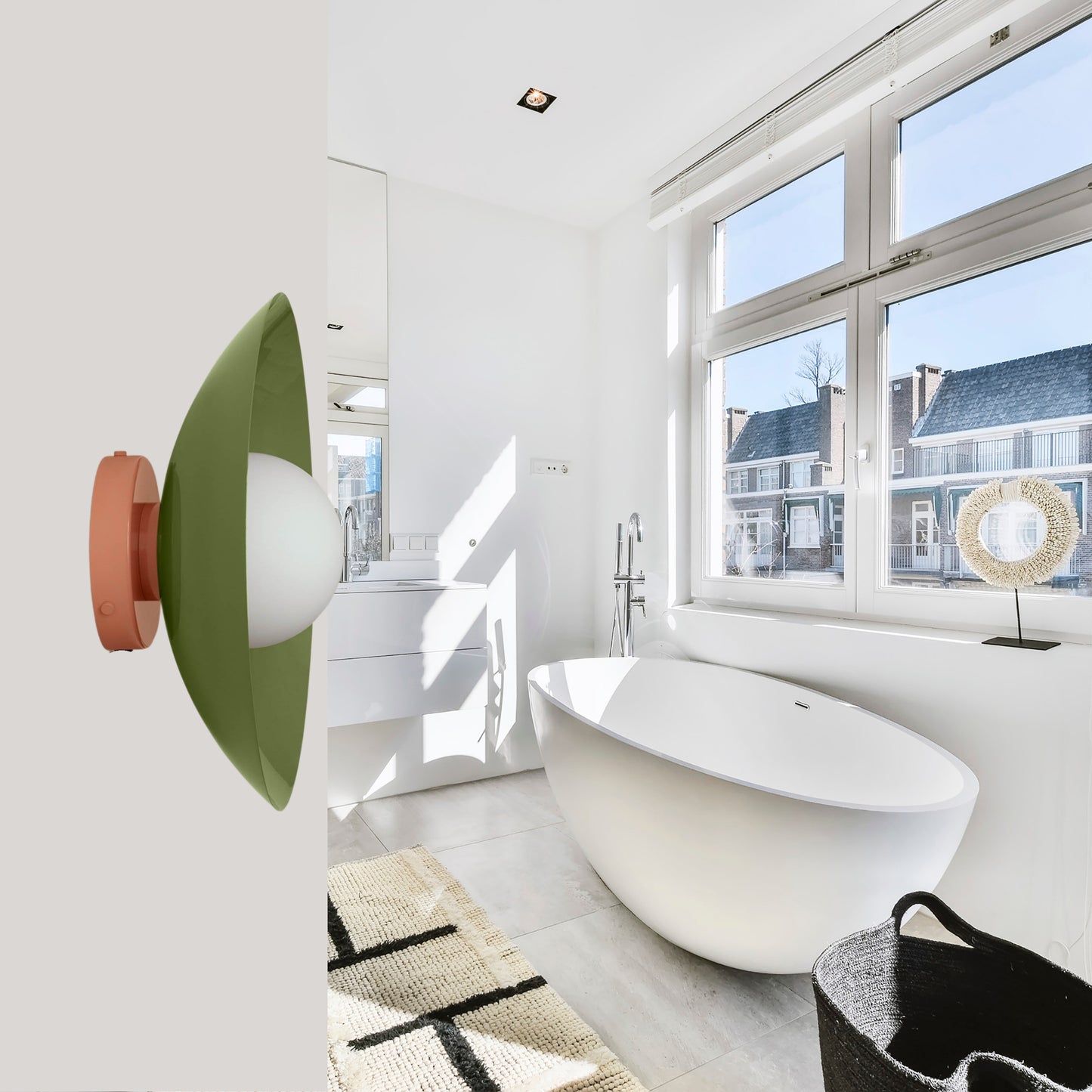 Olive Green & Peach Dome Brass Wall Sconce – Mid-Century Modern Vintage Light