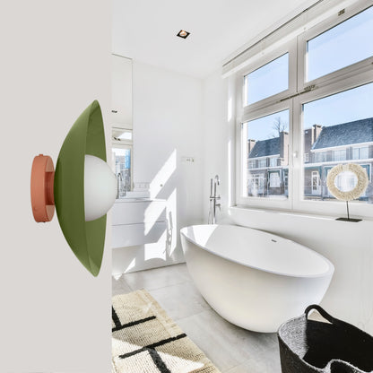 Olive Green & Peach Dome Brass Wall Sconce – Mid-Century Modern Vintage Light