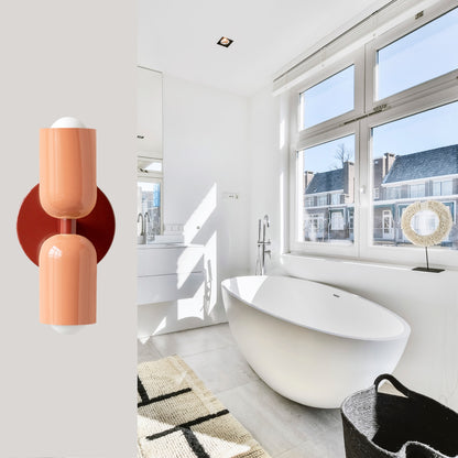 Peach & Red Up & Down Brass Wall Sconce – Mid-Century Modern Light Fixture