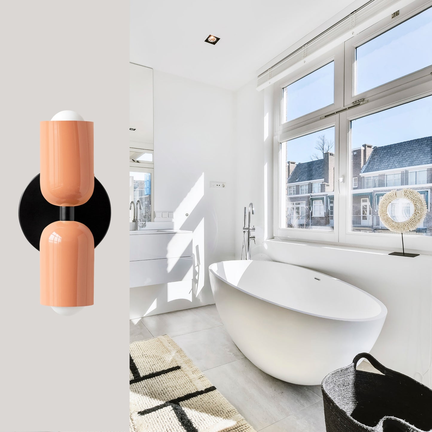 Peach & Black Up & Down Brass Wall Sconce – Mid-Century Modern Light Fixture