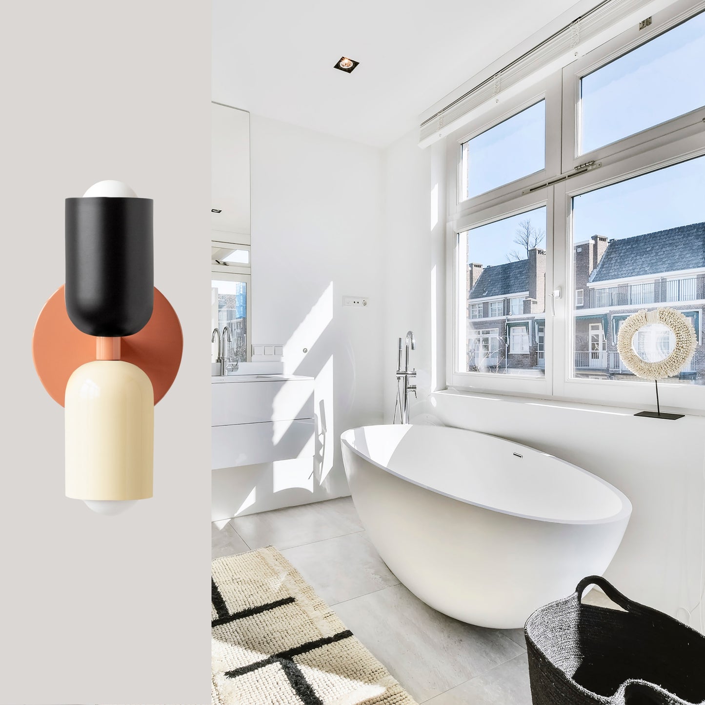 Black-White & Peach Up & Down Brass Wall Sconce – Mid-Century Modern Light Fixture
