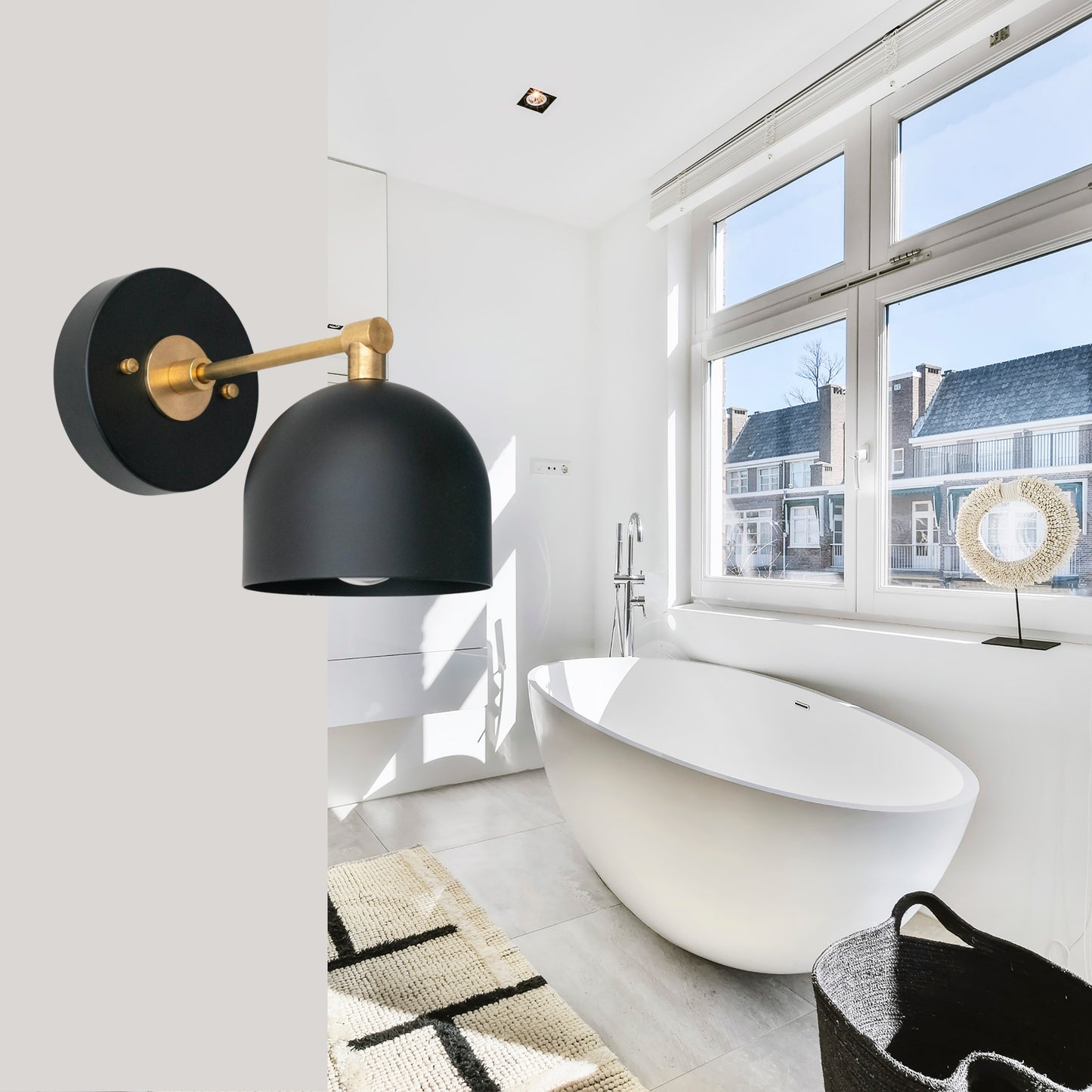 Modern Brass Wall Sconce – Mid Century Wall Light with Black Dome Shade