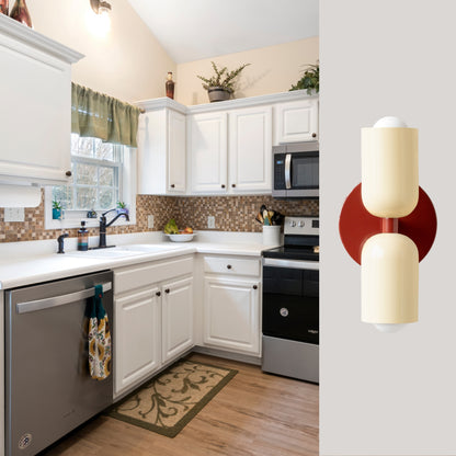Cream & Red Up & Down Brass Wall Sconce – Mid-Century Modern Light Fixture