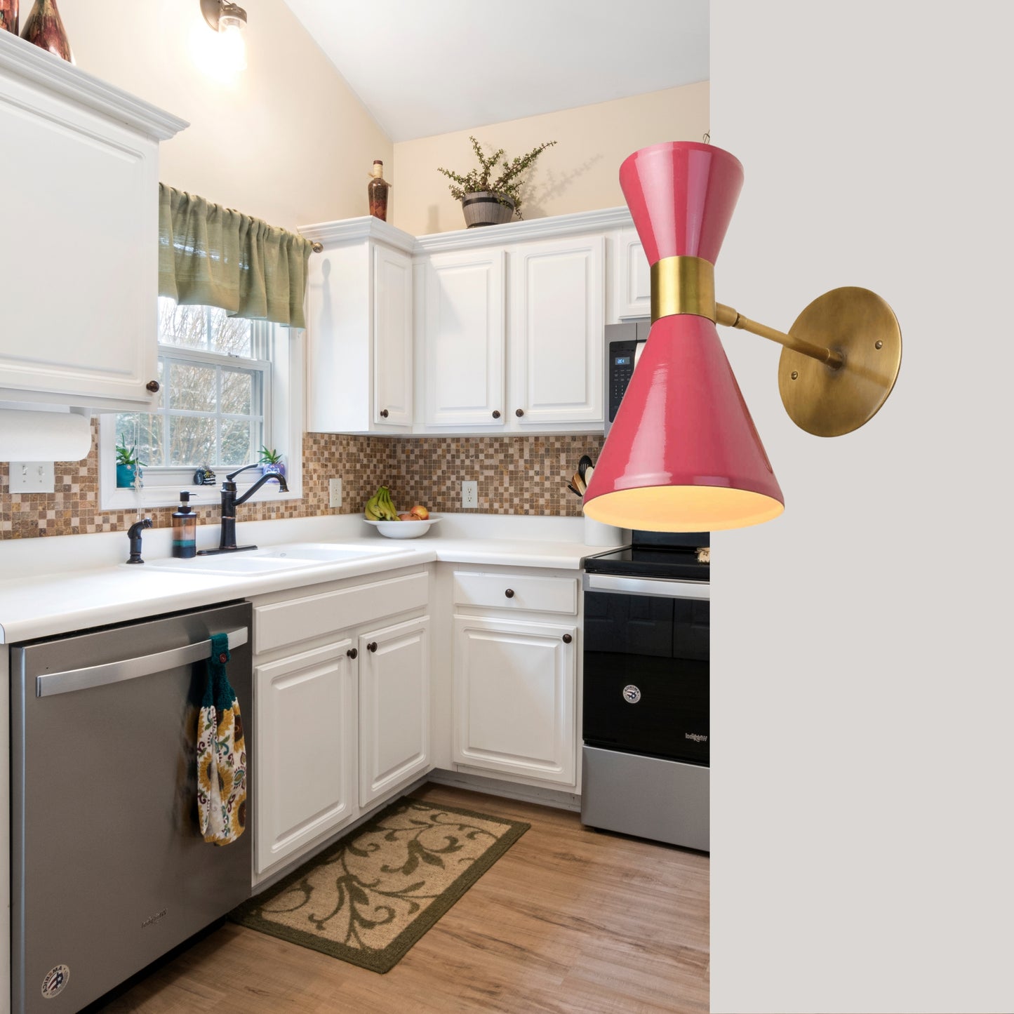 Pink Double Cone Vintage Wall Light - Mid-Century Modern Brass Wall Sconce