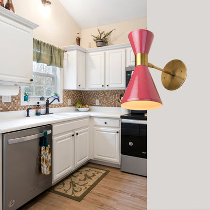 Pink Double Cone Vintage Wall Light - Mid-Century Modern Brass Wall Sconce