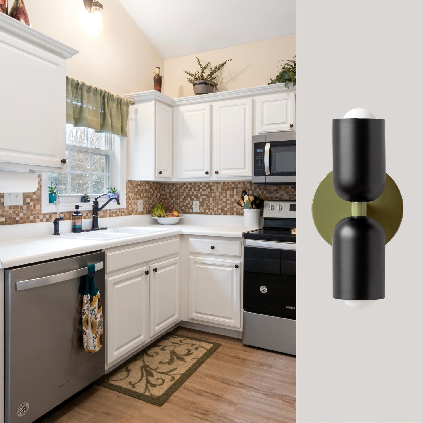 Black & Olive Green Up & Down Brass Wall Sconce – Mid-Century Modern Light Fixture
