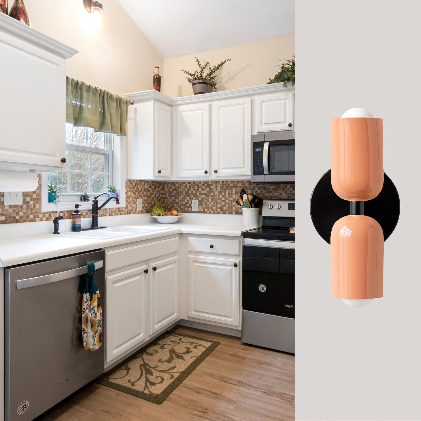 Peach & Black Up & Down Brass Wall Sconce – Mid-Century Modern Light Fixture