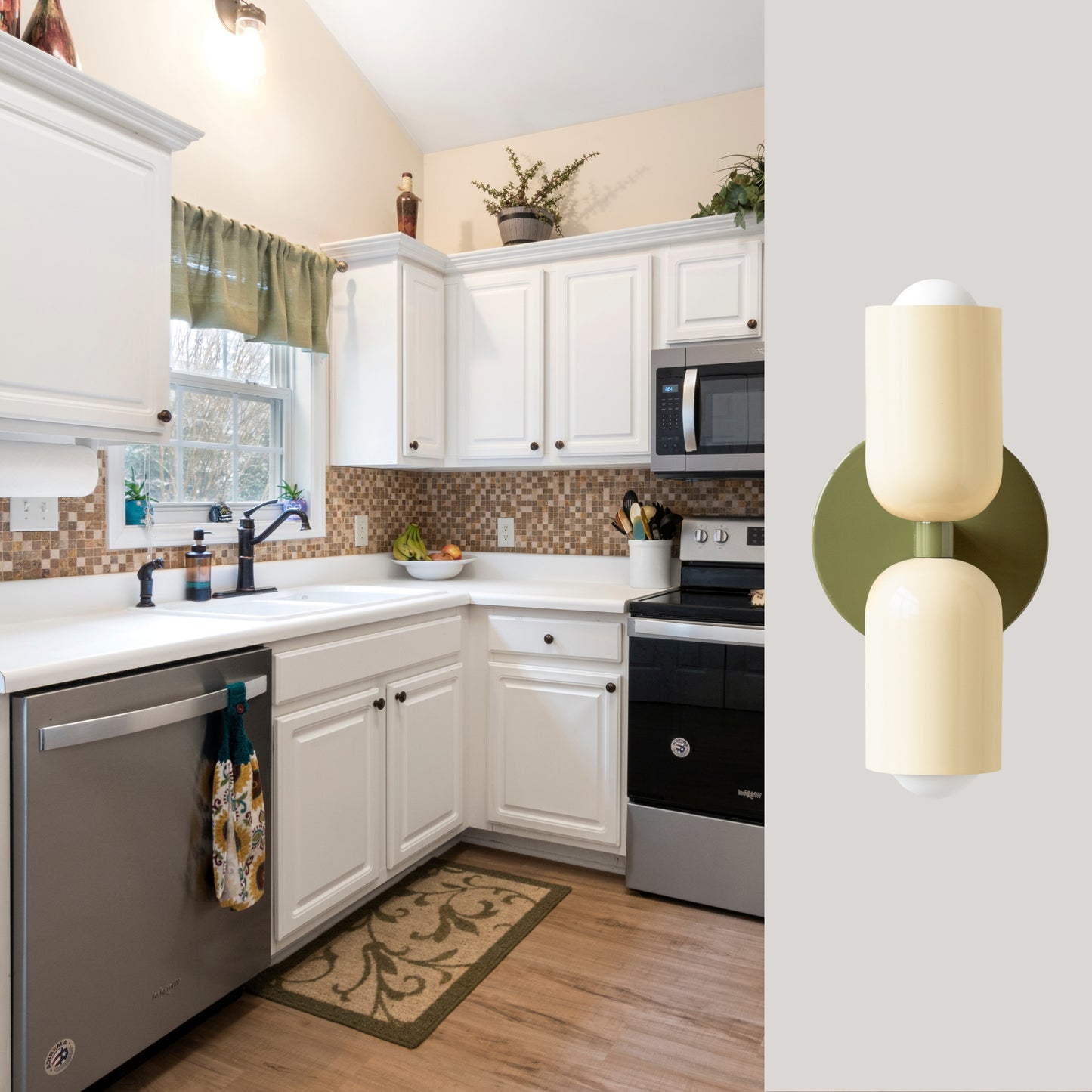 Cream & Olive Green Up & Down Brass Wall Sconce – Mid-Century Modern Light Fixture
