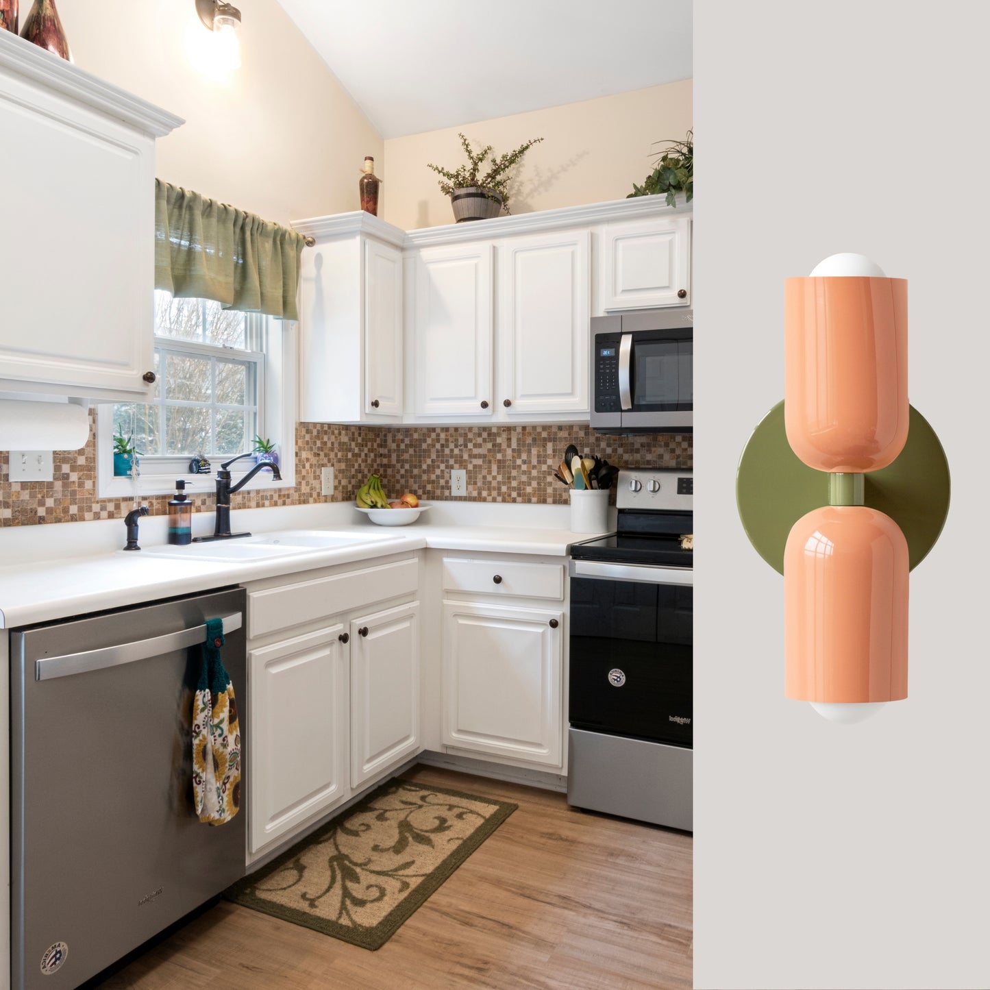 Peach & Olive Green Up & Down Brass Wall Sconce – Mid-Century Modern Light Fixture