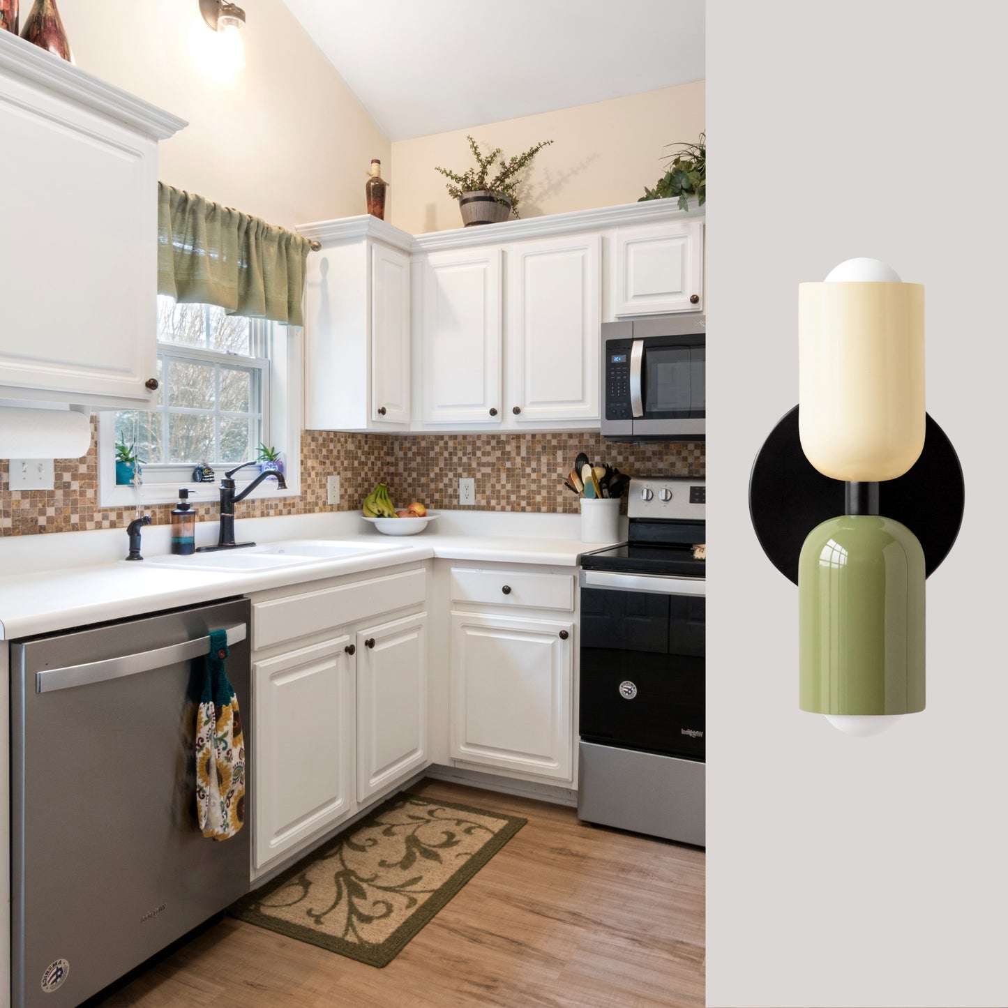 White-Green & Black Up & Down Brass Wall Sconce – Mid-Century Modern Light Fixture