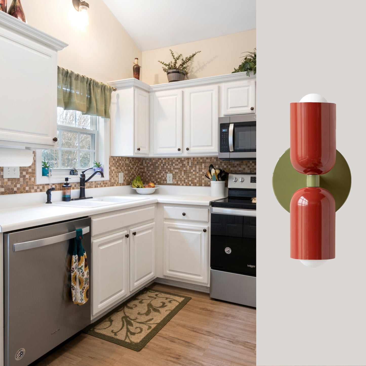 Red & Olive Green Up & Down Brass Wall Sconce – Mid-Century Modern Light Fixture