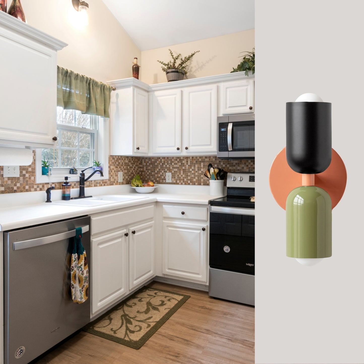 Black-Green & Peach Up & Down Brass Wall Sconce – Mid-Century Modern Light Fixture