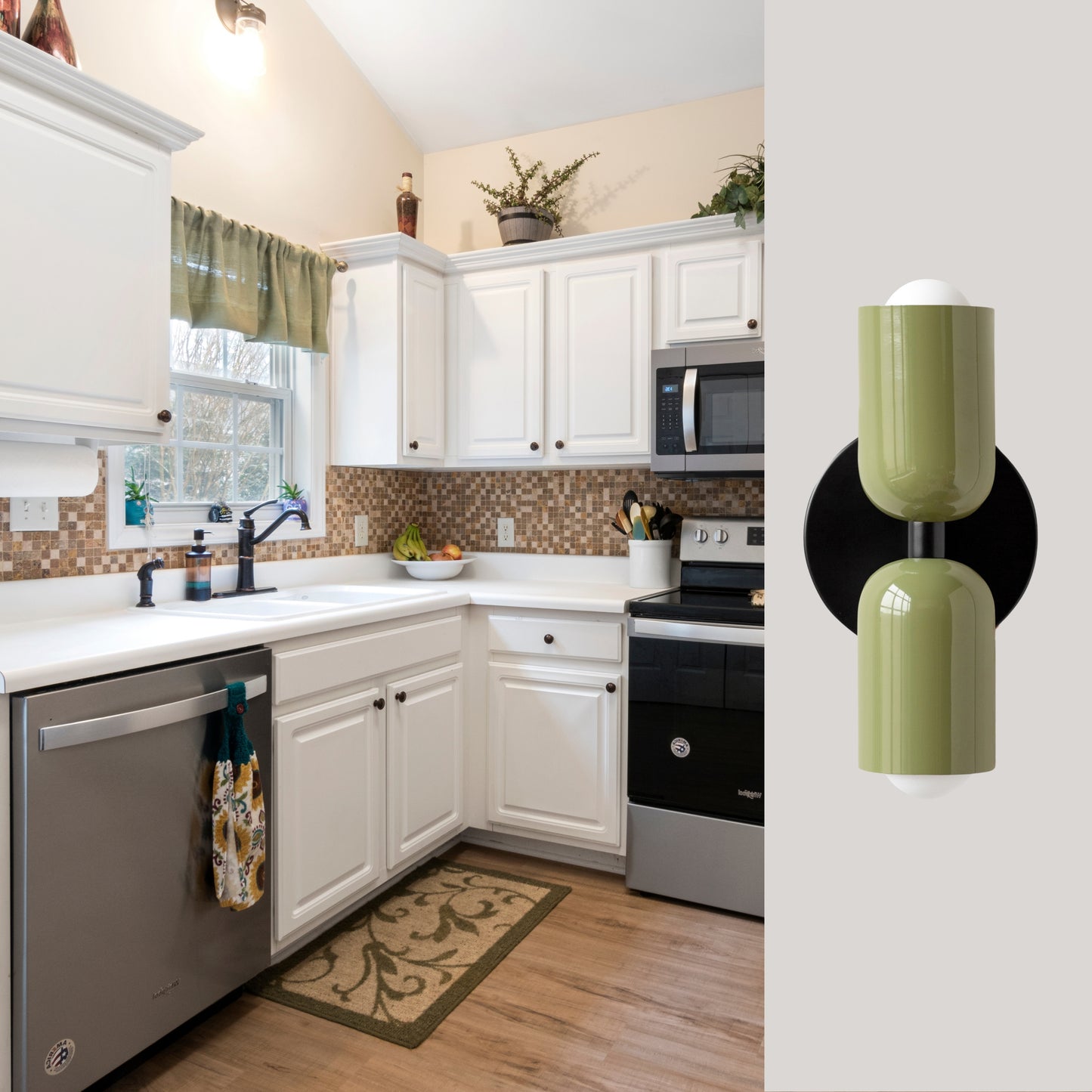 Olive Green & Black Up & Down Brass Wall Sconce – Mid-Century Modern Light Fixture