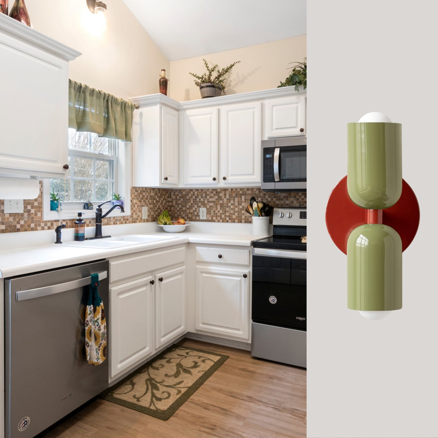 Olive Green & Red Up & Down Brass Wall Sconce – Mid-Century Modern Light Fixture
