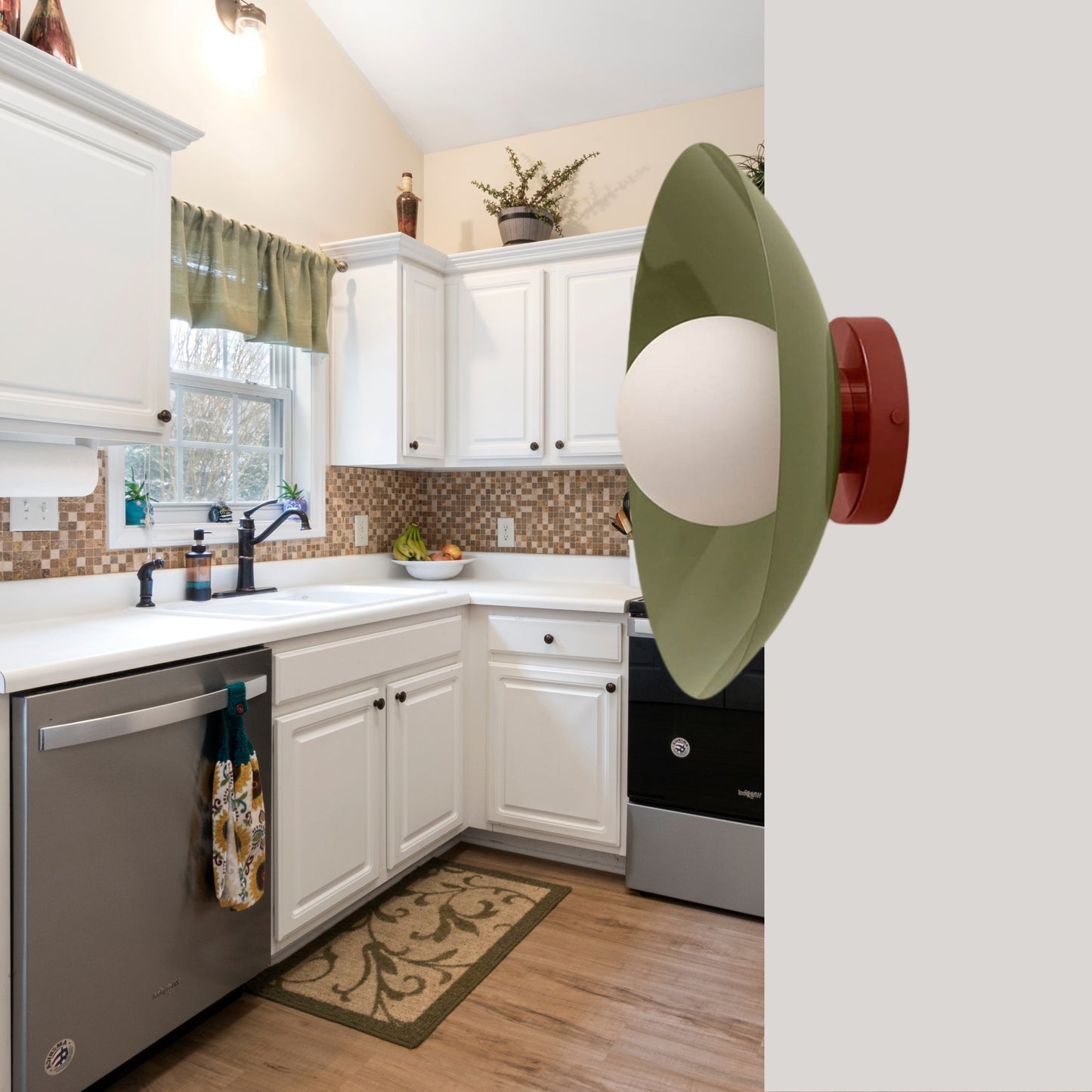 Olive Green & Red Dome Brass Wall Sconce – Mid-Century Modern Vintage Light