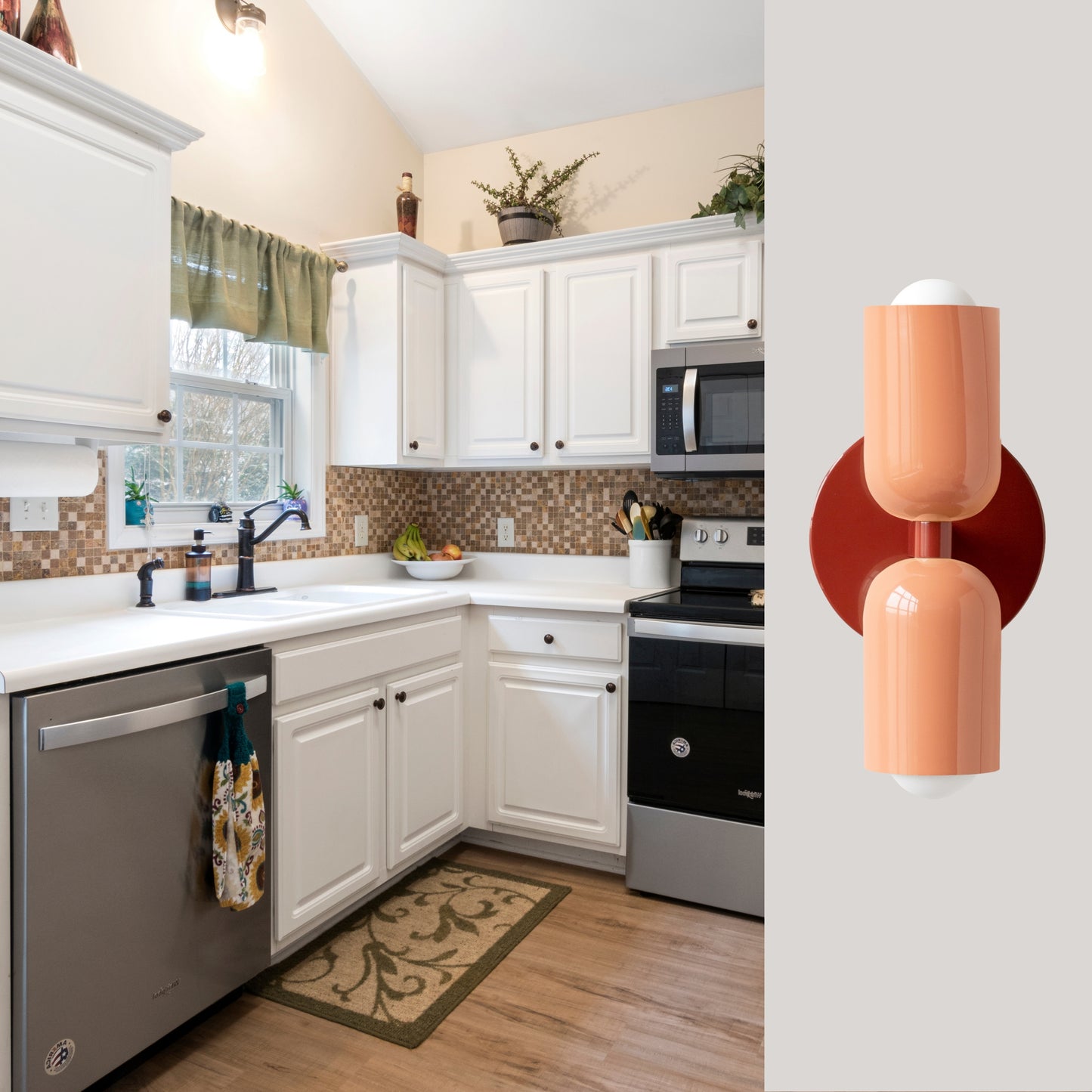 Peach & Red Up & Down Brass Wall Sconce – Mid-Century Modern Light Fixture