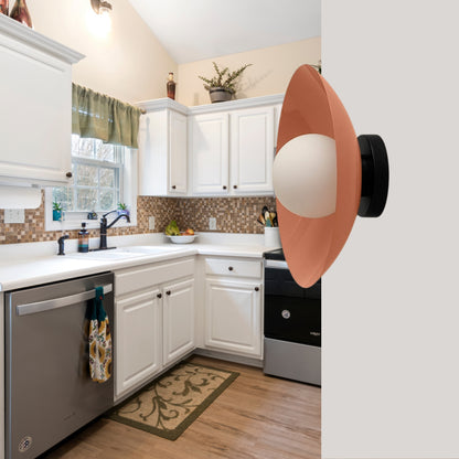 Peach & Black Dome Brass Wall Sconce – Mid-Century Modern Vintage Light