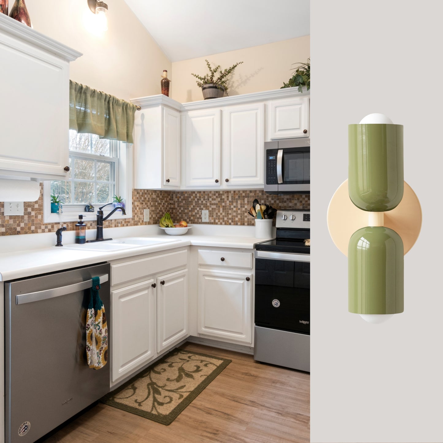 Olive Green & Cream Up & Down Brass Wall Sconce – Mid-Century Modern Light Fixture