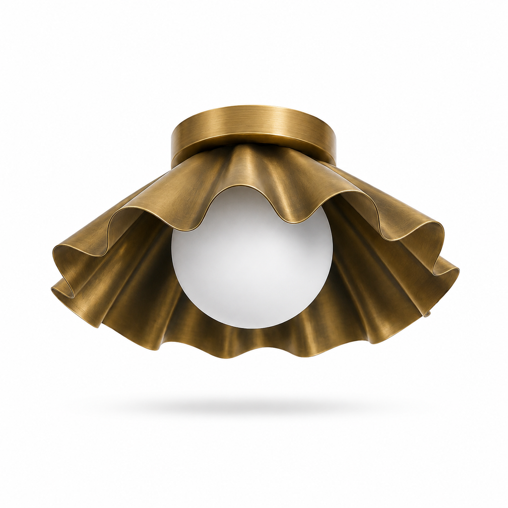 Modern Scalloped Flush Mount Ceiling Light – Antique Brass Finish with Frosted Glass Globe | Mid-Century Modern Ceiling Fixture for Bedroom, Hallway & Kitchen