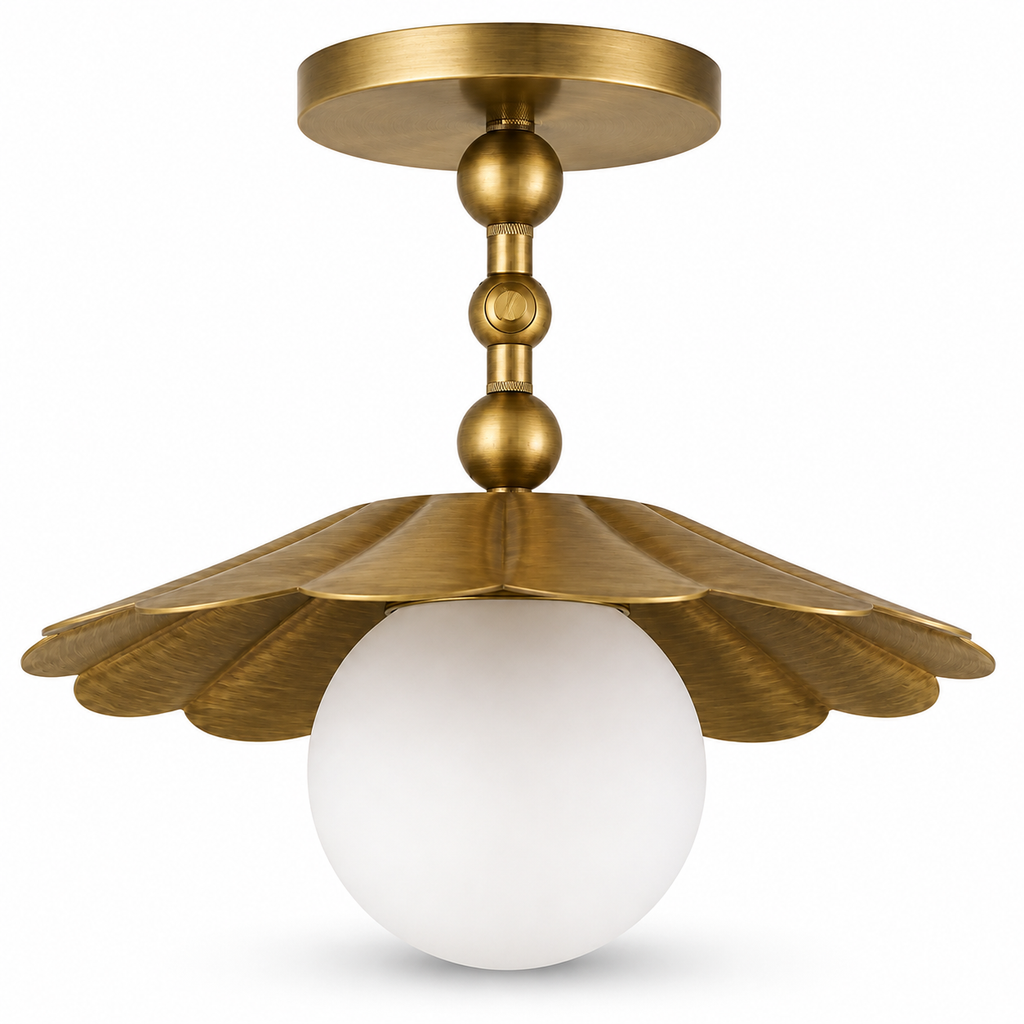 Brass flower ceiling light with glass globe diffuser