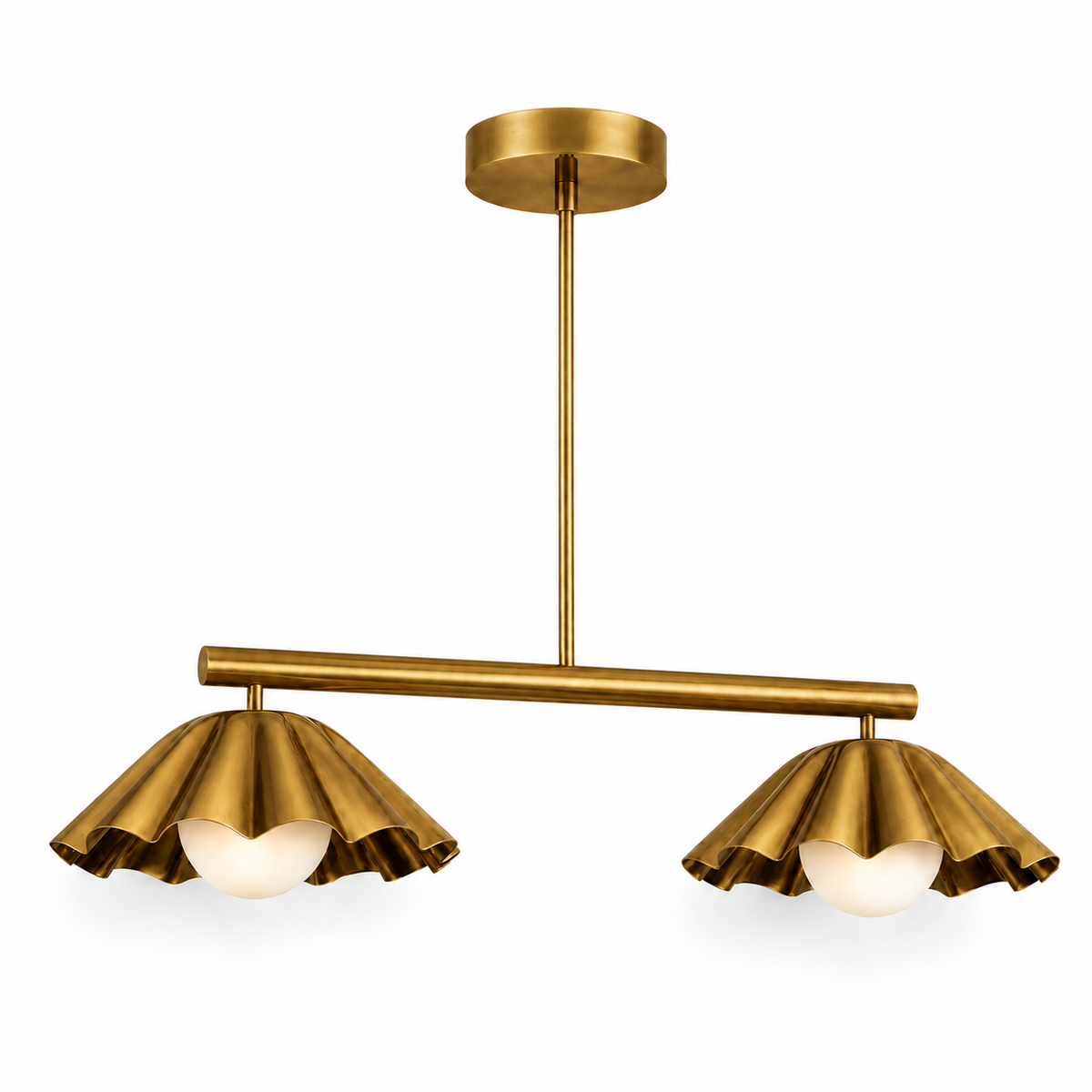 Scalloped Brass Linear Chandelier – Mid Century Modern 2-Light Pendant Fixture