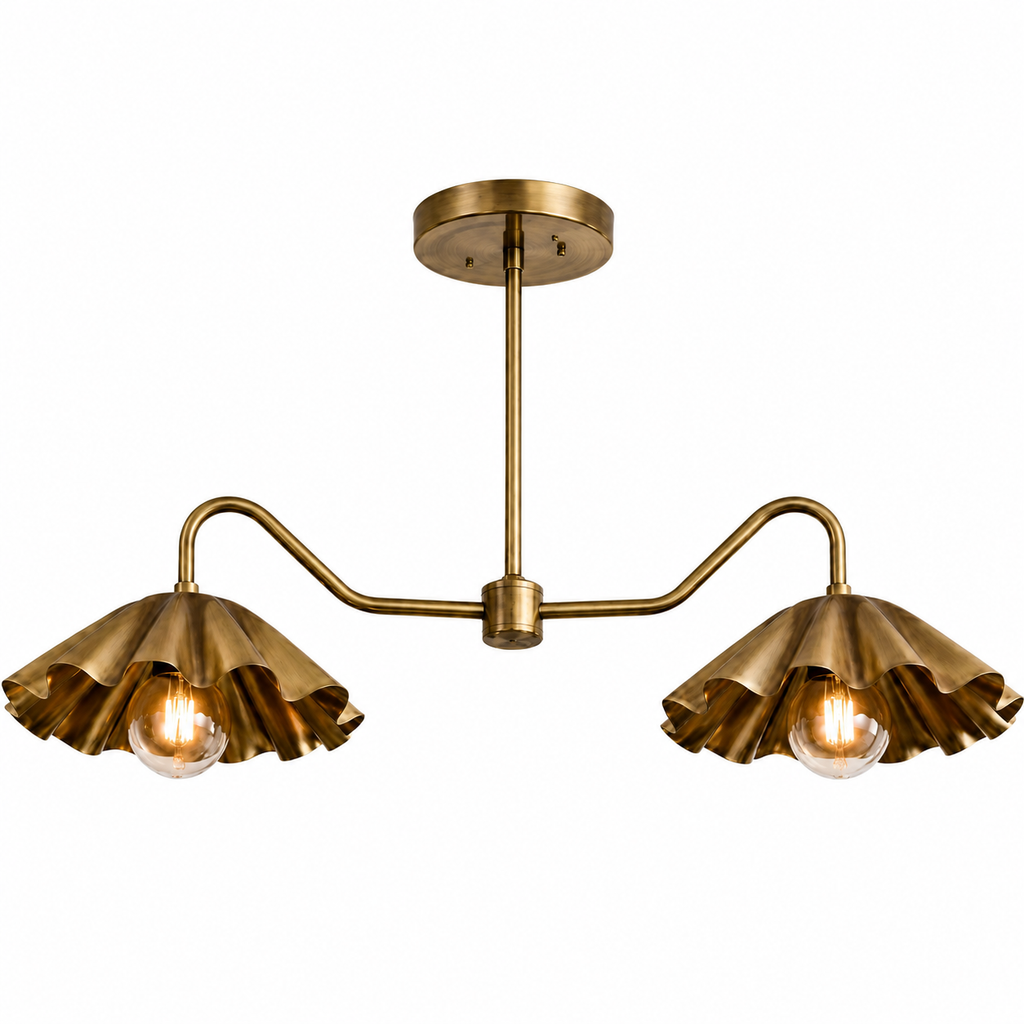 Brass Scalloped Double-Arm Chandelier – Mid-Century Modern Ceiling Light