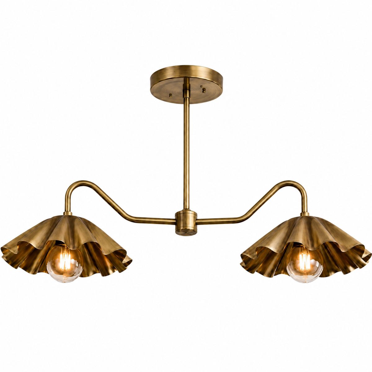 Brass Scalloped Double-Arm Chandelier – Mid-Century Modern Ceiling Light