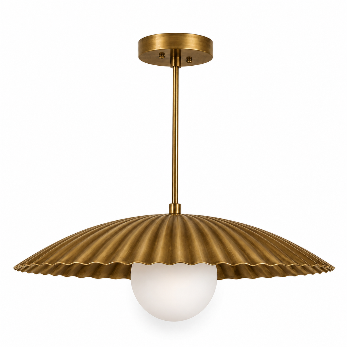 Scalloped Brass Pendant Chandelier with Glass Globe – Mid Century Modern Ceiling Light