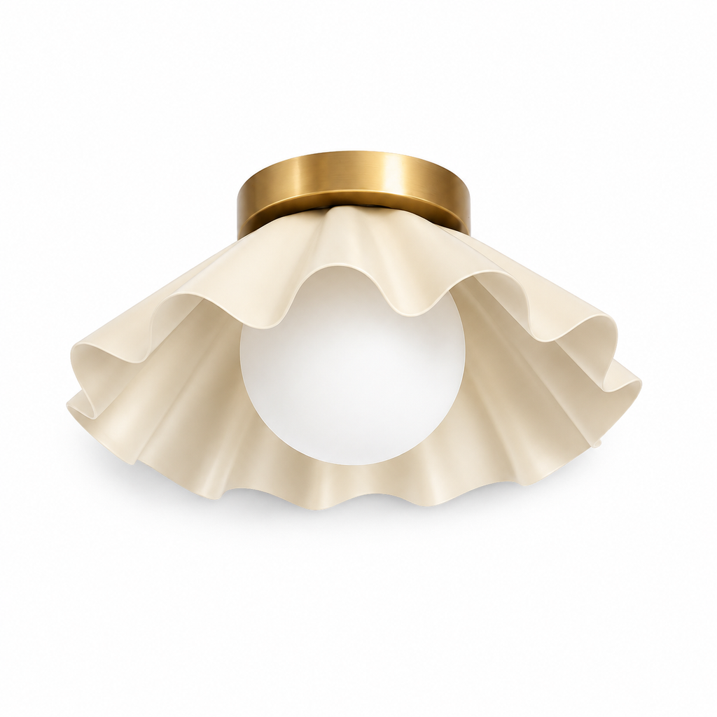 Modern Scalloped Flush Mount Ceiling Light – Antique Brass Finish with Frosted Glass Globe | Mid-Century Modern Ceiling Fixture for Bedroom, Hallway & Kitchen
