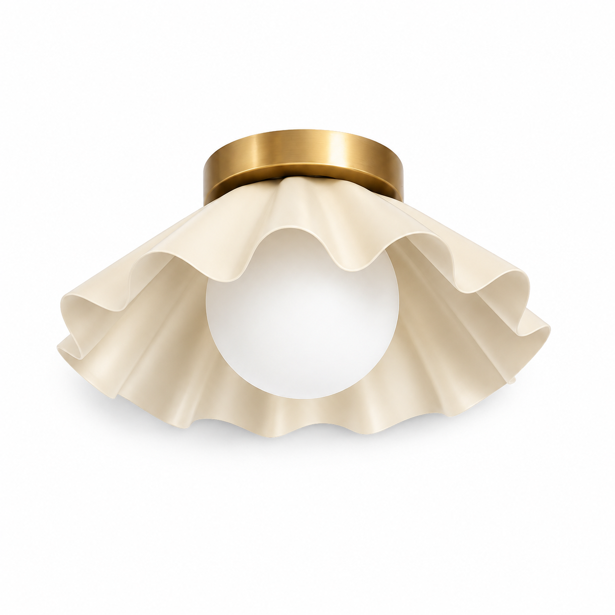 Modern Scalloped Flush Mount Ceiling Light – Antique Brass Finish with Frosted Glass Globe | Mid-Century Modern Ceiling Fixture for Bedroom, Hallway & Kitchen