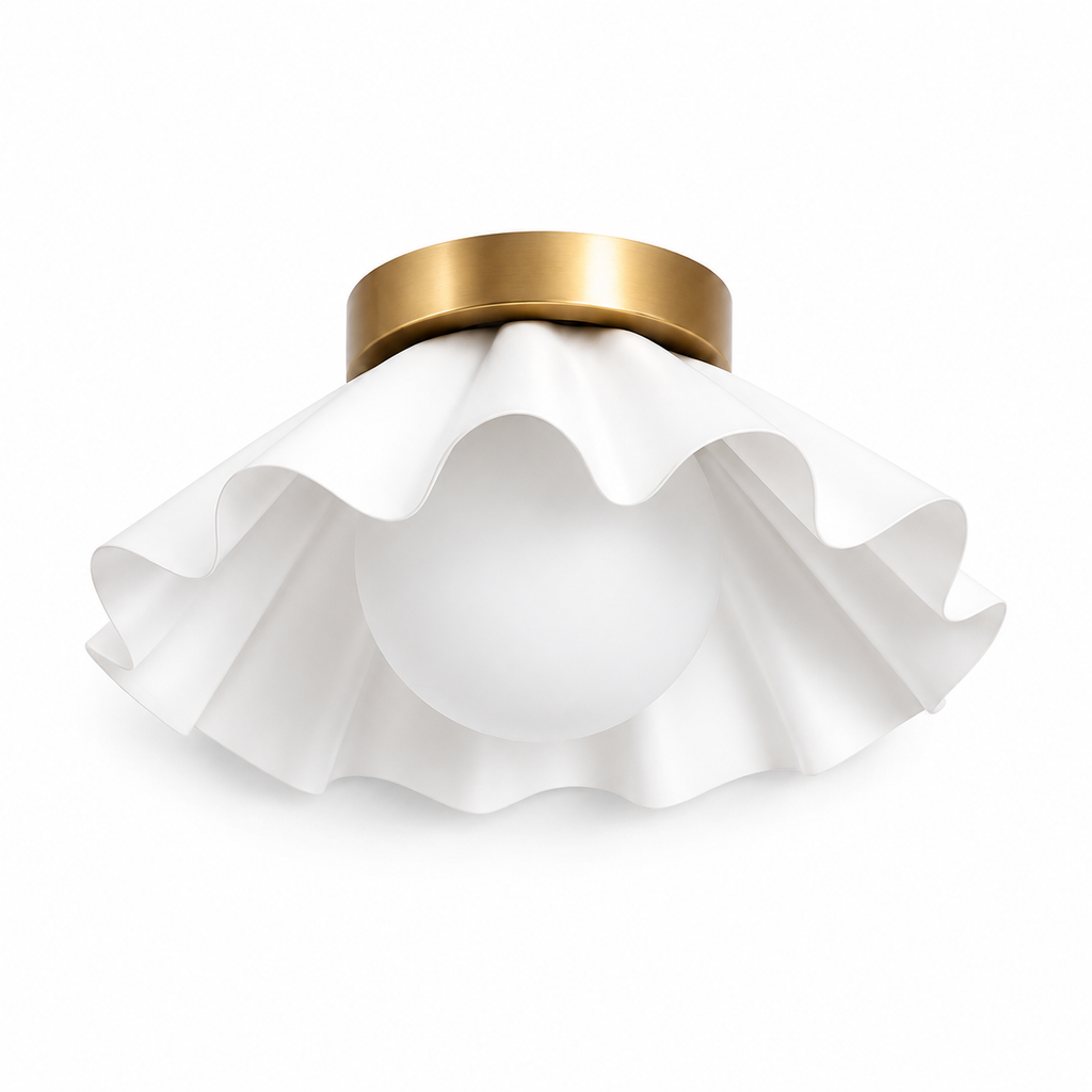 Modern Scalloped Flush Mount Ceiling Light – Antique Brass Finish with Frosted Glass Globe | Mid-Century Modern Ceiling Fixture for Bedroom, Hallway & Kitchen