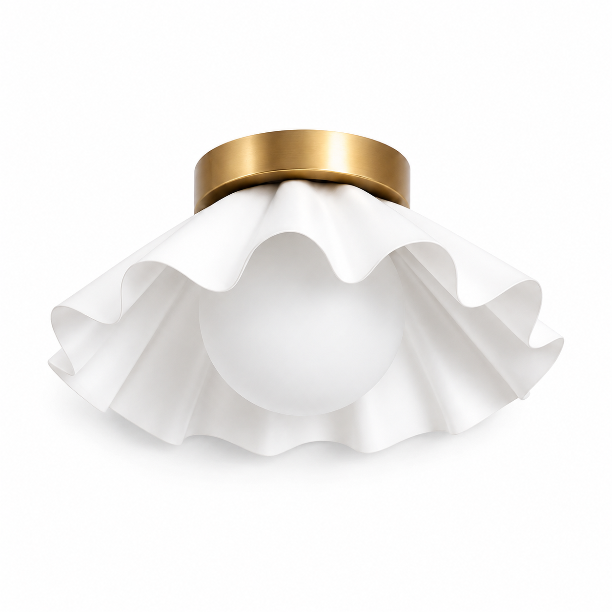 Modern Scalloped Flush Mount Ceiling Light – Antique Brass Finish with Frosted Glass Globe | Mid-Century Modern Ceiling Fixture for Bedroom, Hallway & Kitchen
