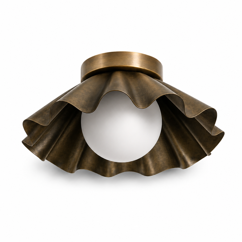 Modern Scalloped Flush Mount Ceiling Light – Antique Brass Finish with Frosted Glass Globe | Mid-Century Modern Ceiling Fixture for Bedroom, Hallway & Kitchen