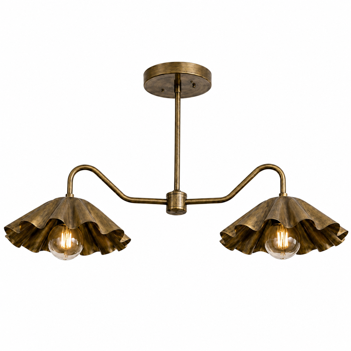 Brass Scalloped Double-Arm Chandelier – Mid-Century Modern Ceiling Light