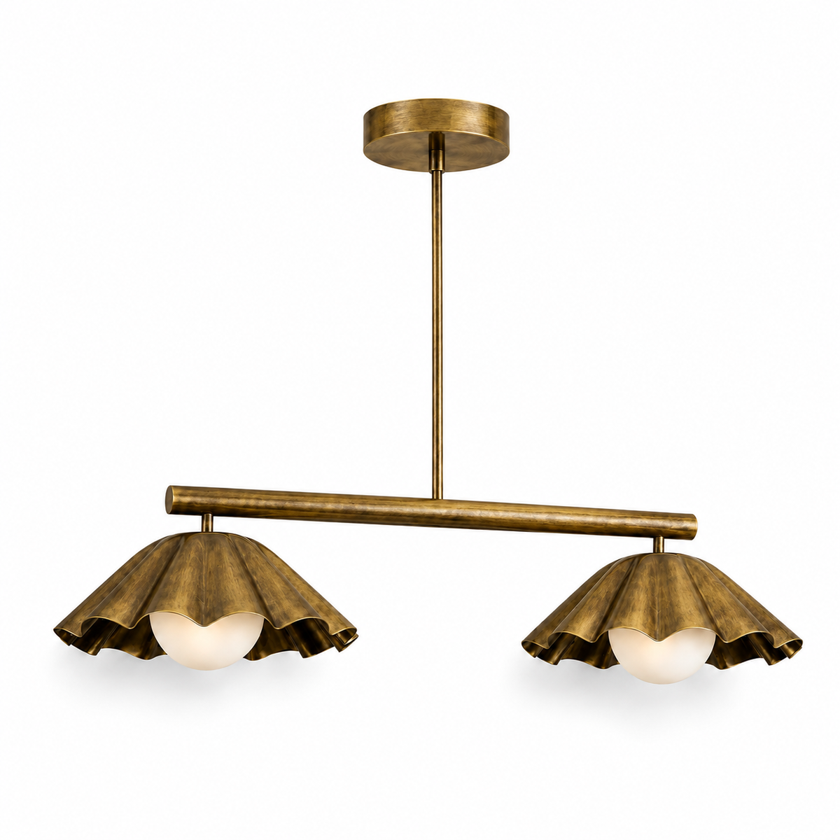 Scalloped Brass Linear Chandelier – Mid Century Modern 2-Light Pendant Fixture