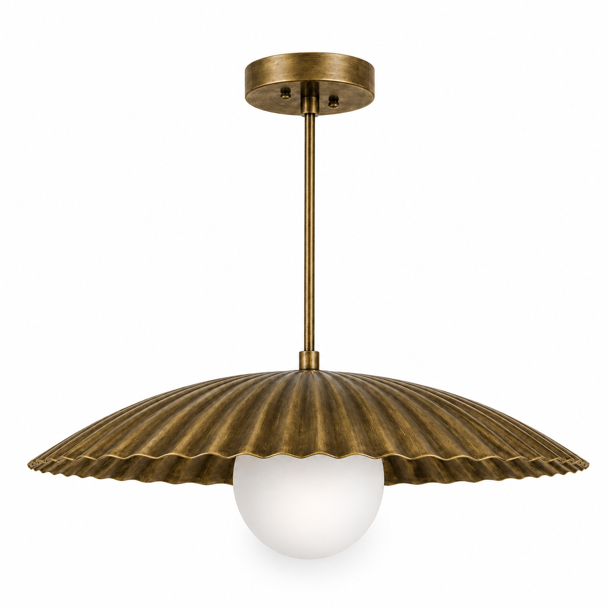 Scalloped Brass Pendant Chandelier with Glass Globe – Mid Century Modern Ceiling Light